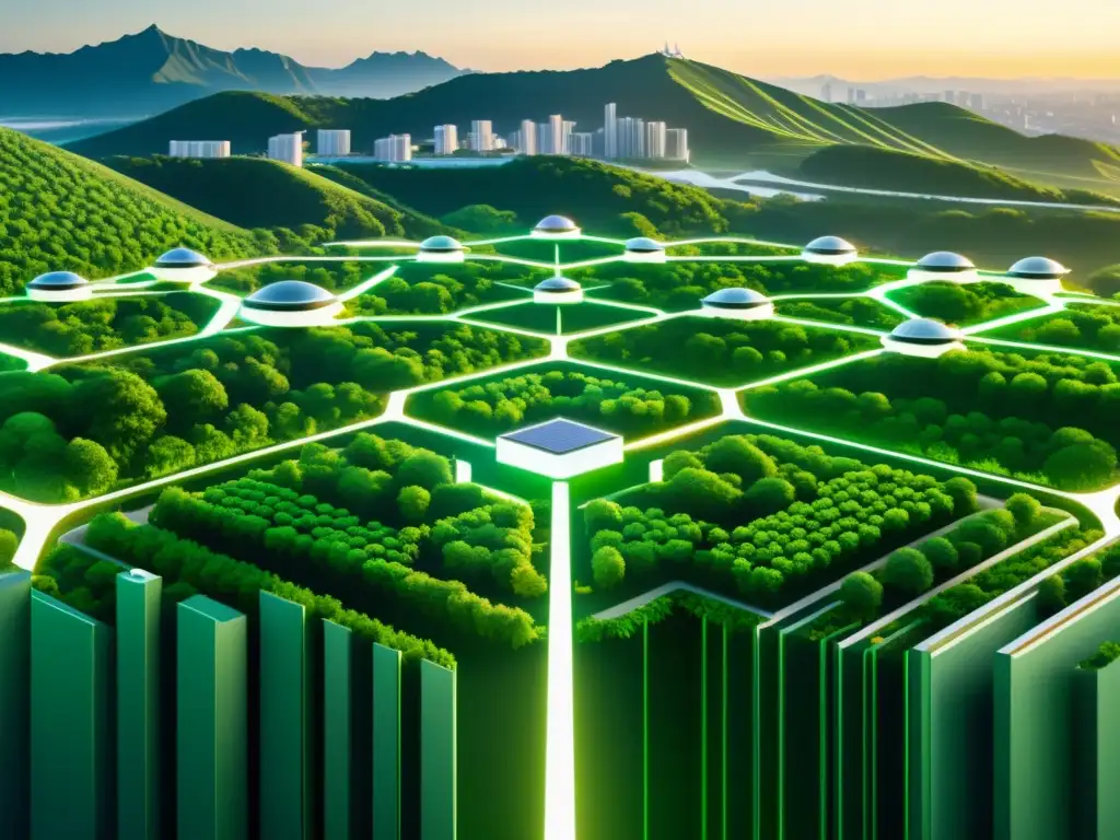 Metropolis sostenible integrando nodos blockchain Vista futurista de una ciudad sostenible con nodos de blockchain integrados, rodeada de naturaleza exuberante