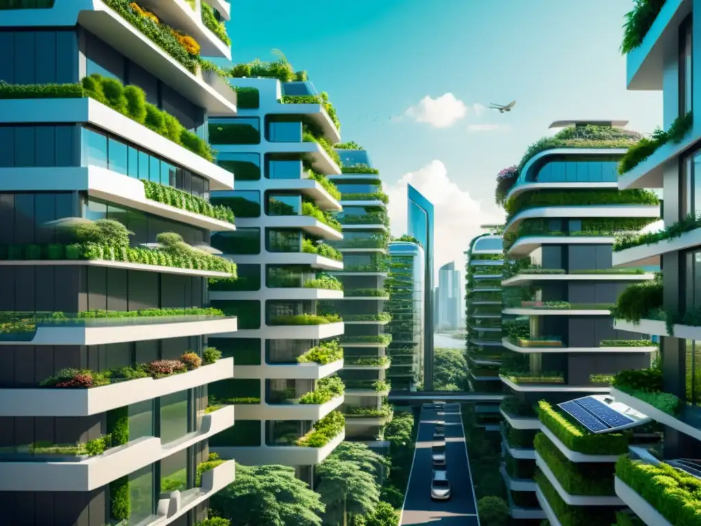 Vista futurista de una ciudad sostenible con tecnologías ecológicas y naturaleza integradas