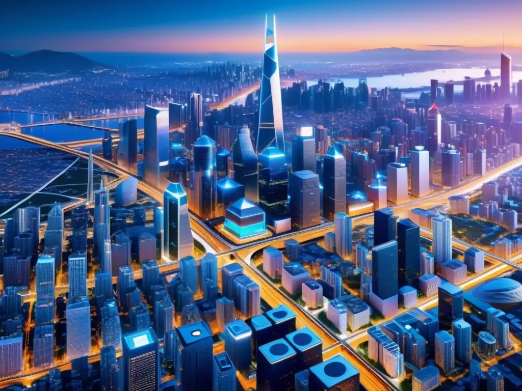 Vista futurista en 8K de una ciudad con sidechains en tecnologías emergentes, integradas en su infraestructura urbana