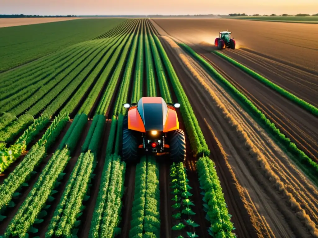 Vista futurista de cultivos con tractor 5G y drones en transformación agricultura moderna con 5G al atardecer