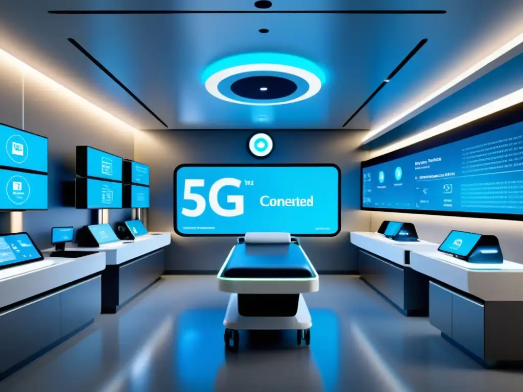 Vista futurista de un hospital con diseño minimalista y equipos médicos 5G