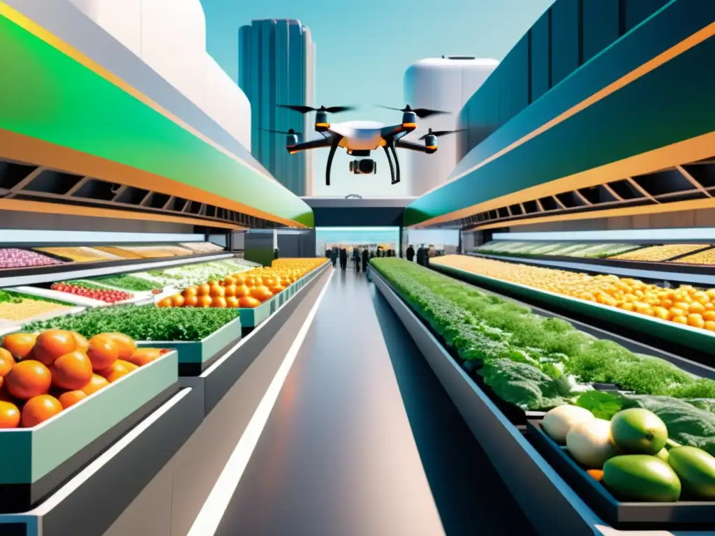 Vista futurista de un mercado urbano con drones entregando alimentos frescos, integrando tecnología inteligente