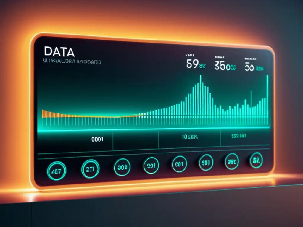 Vista futurista de un panel de visualización de datos para científicos de datos con elementos geométricos y una paleta de colores sofisticada