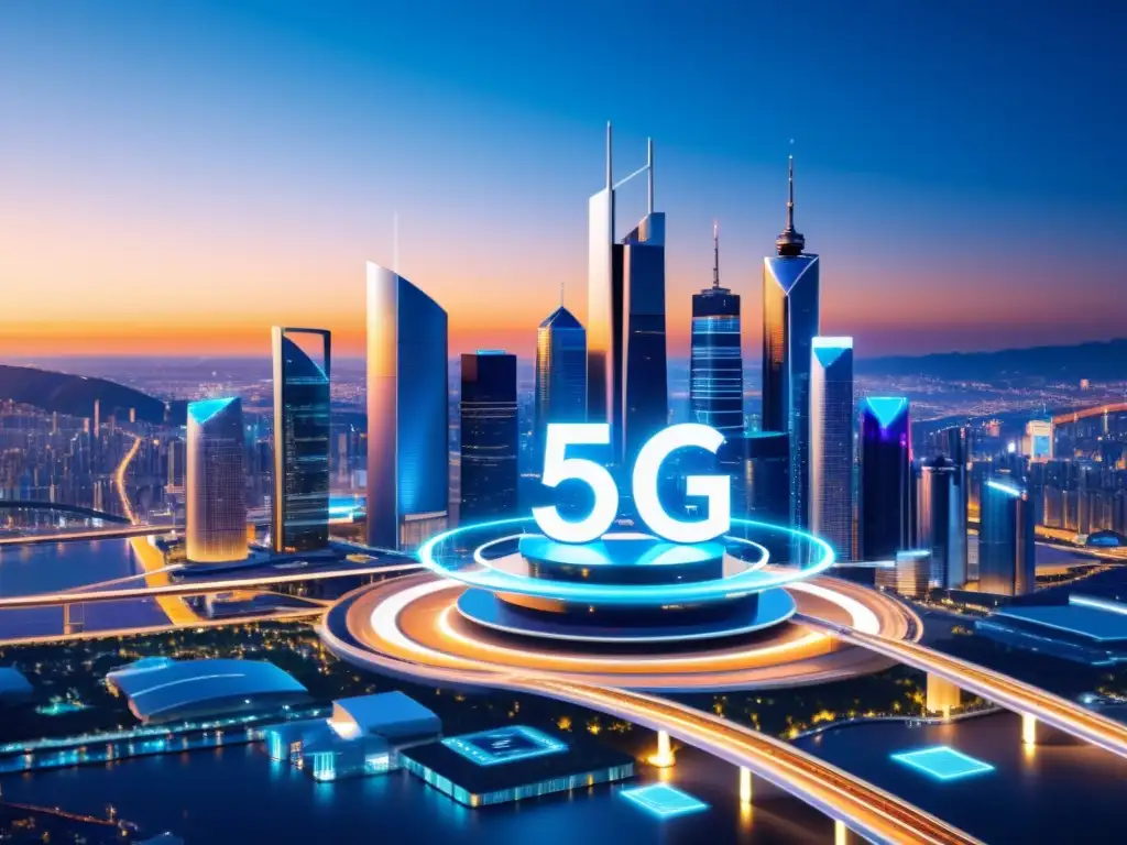 Vista futurista de una red 5G, con torres brillantes y dispositivos conectados, simbolizando el manejo de dispositivos en red 5G