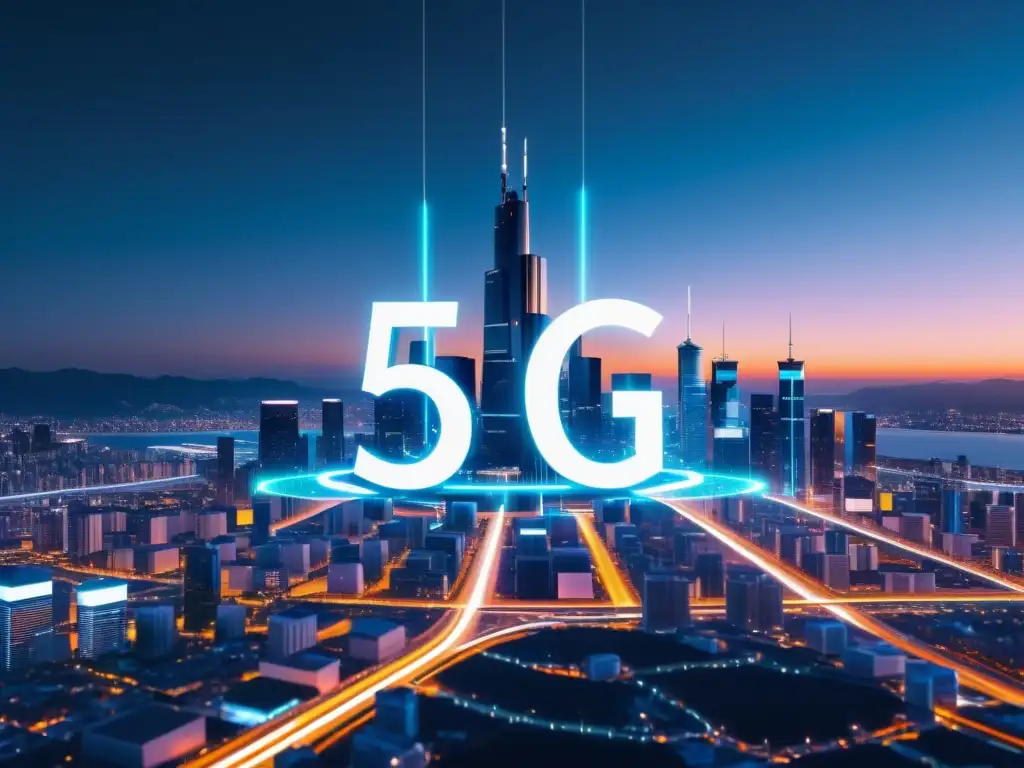 Vista futurista de torres 5G brillantes conectadas en red en una ciudad tecnológica