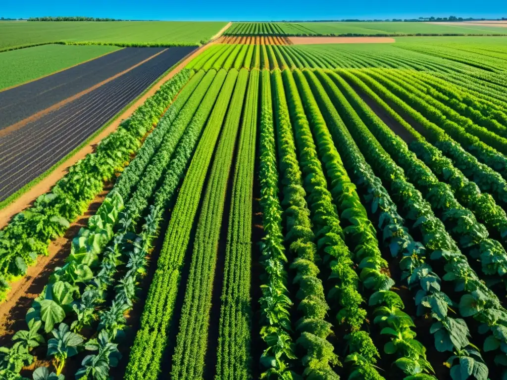 Vista impresionante de un campo agrícola verde exuberante con cultivos ordenados y un cielo azul brillante