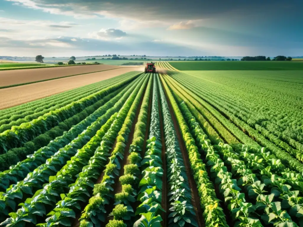 Vista impresionante de un campo agrícola verde y exuberante, con cultivos vibrantes en perfecta simetría bajo la cálida luz dorada