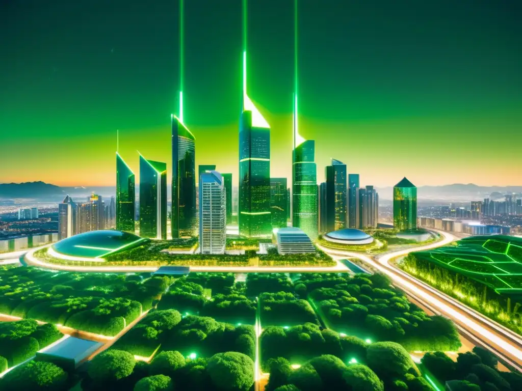 Vista impresionante de una ciudad futurista verde en 8k, con edificios sostenibles y vegetación vibrante