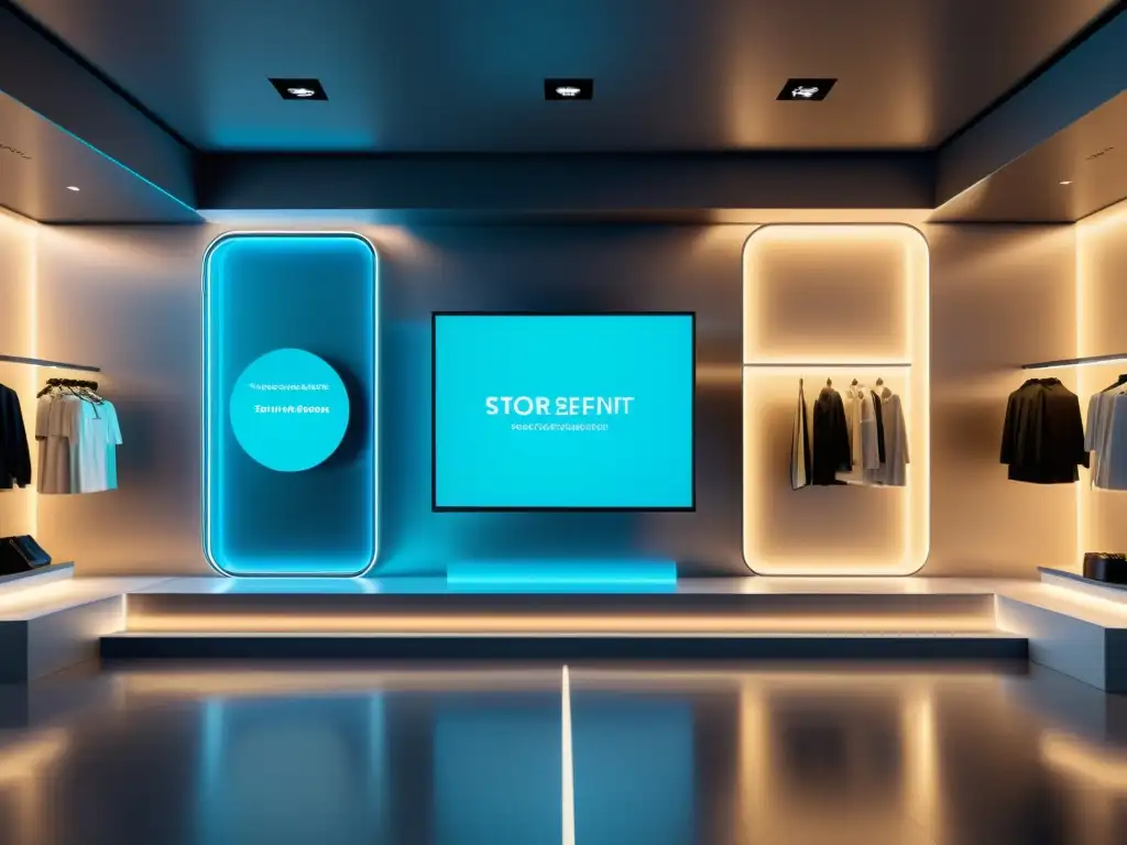 Vista impresionante de una futurista tienda minimalista con arquitectura geométrica y pantallas digitales interactivas mostrando recomendaciones personalizadas, reflejando el rol del Big Data en personalización