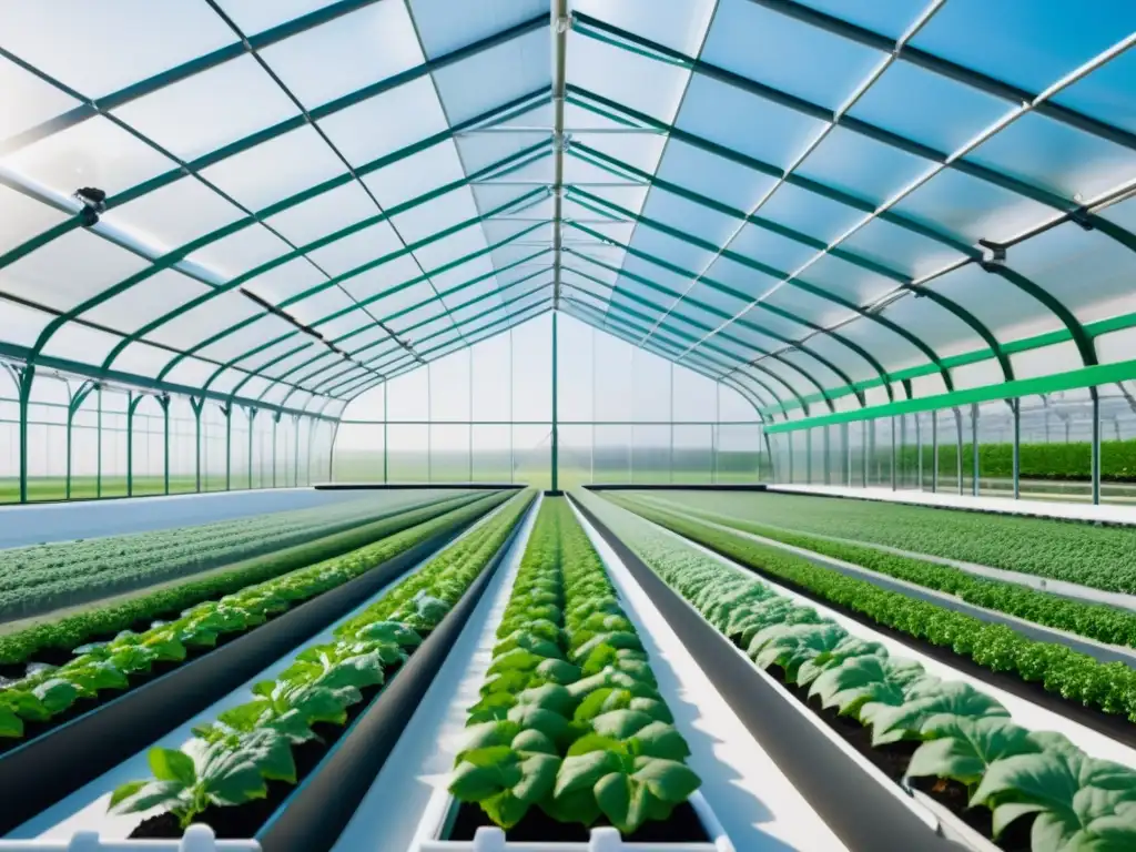 Vista impresionante de una instalación de invernadero futurista con tecnología de Agricultura inteligente con IA, que combina la naturaleza y la innovación en agricultura