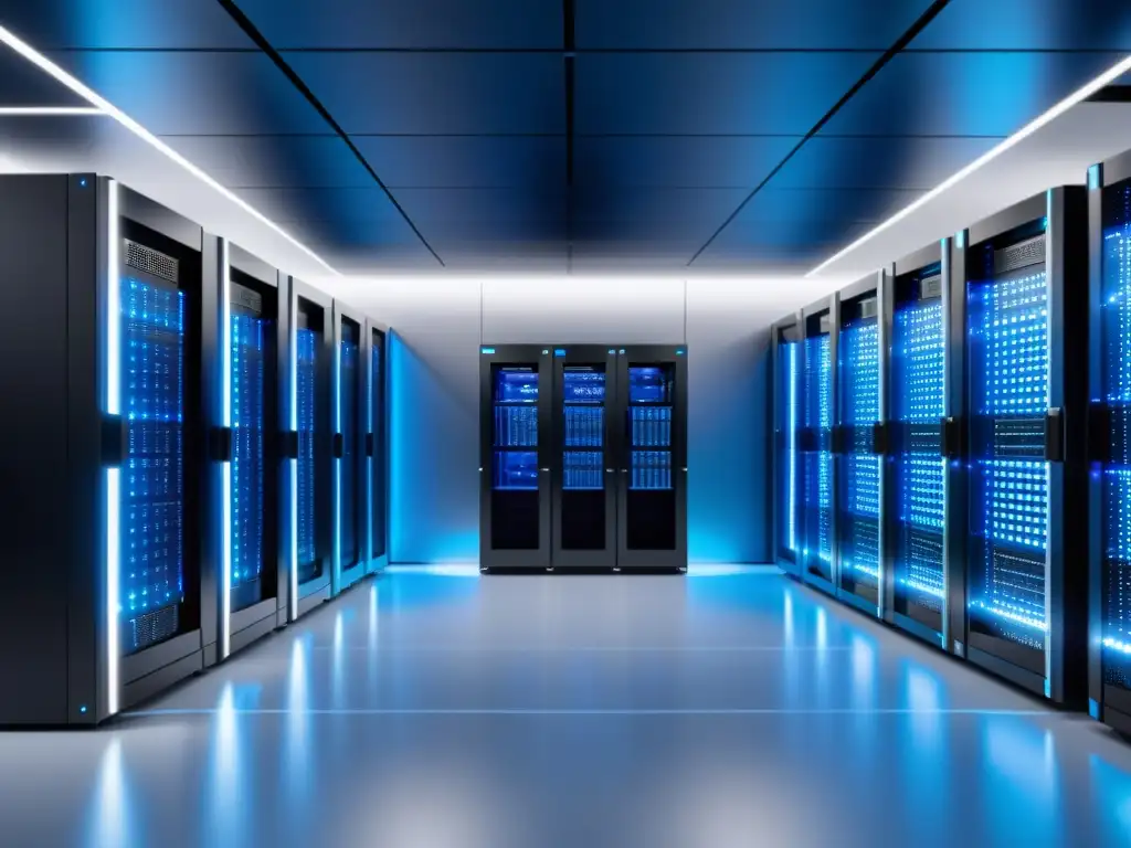 Centro de datos moderno en 8k: orden vs Vista impresionante de un moderno centro de datos con servidores y cables ordenados, iluminado en azul LED