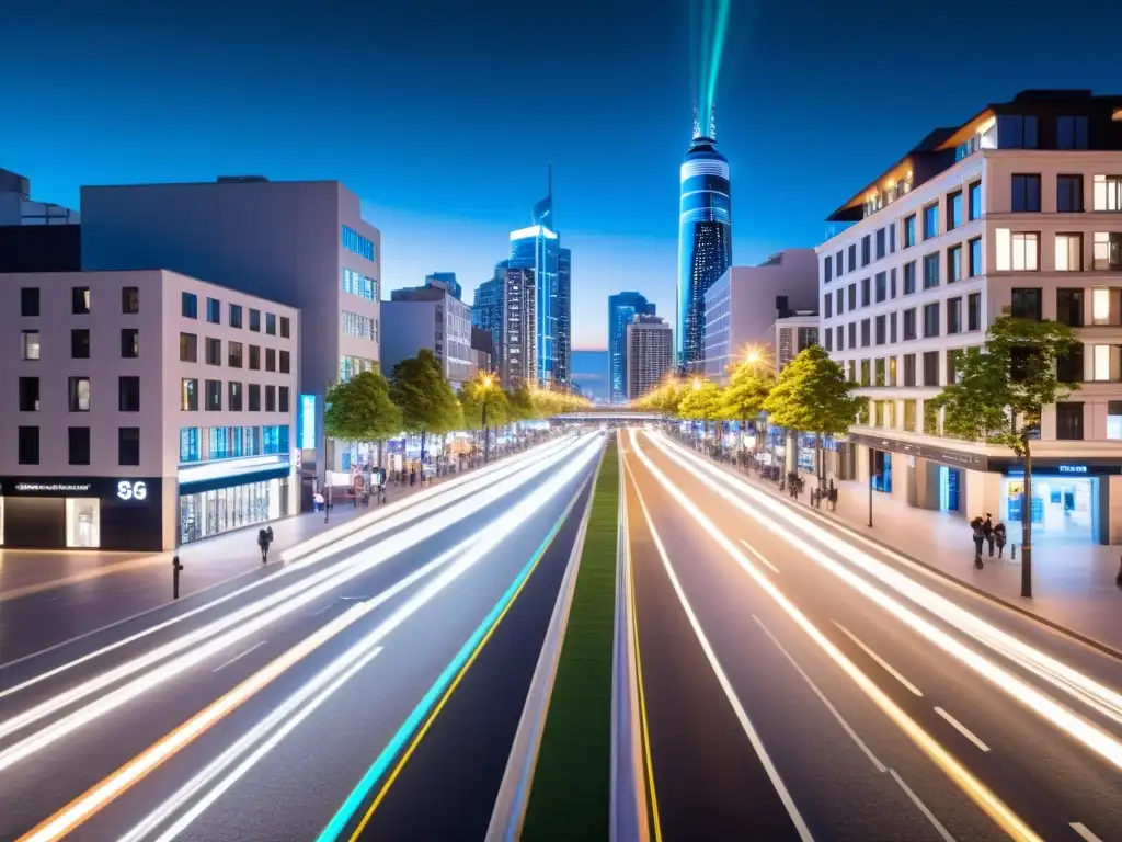 Vista nocturna de una bulliciosa calle de la ciudad, iluminada por modernos y elegantes semáforos inteligentes con tecnología 5G