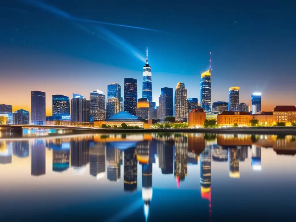 Vista nocturna de una bulliciosa ciudad, con rascacielos modernos iluminados reflejados en el río