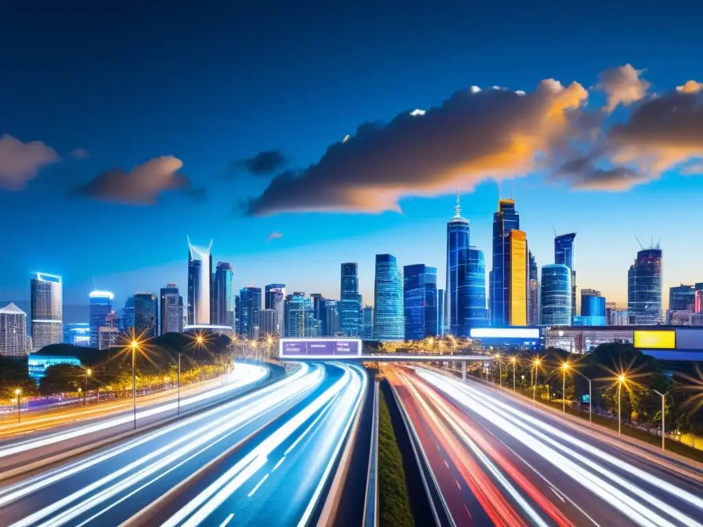 Vista nocturna de la bulliciosa ciudad con luces de tráfico y vallas publicitarias iluminadas, reflejando la energía y velocidad de un entorno urbano conectado a 5G