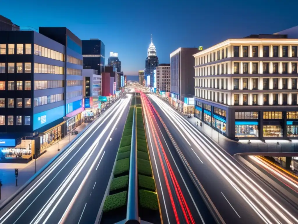 Vista nocturna de una bulliciosa ciudad, con modernos edificios y una red de calles iluminadas