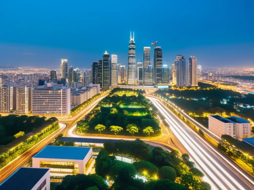 Vista nocturna de una bulliciosa ciudad integrada con la naturaleza