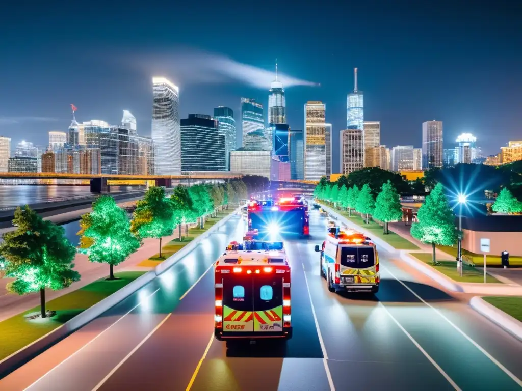 Vista nocturna de la ciudad con aplicaciones de RA en emergencias, mostrando operativos y vehículos de emergencia