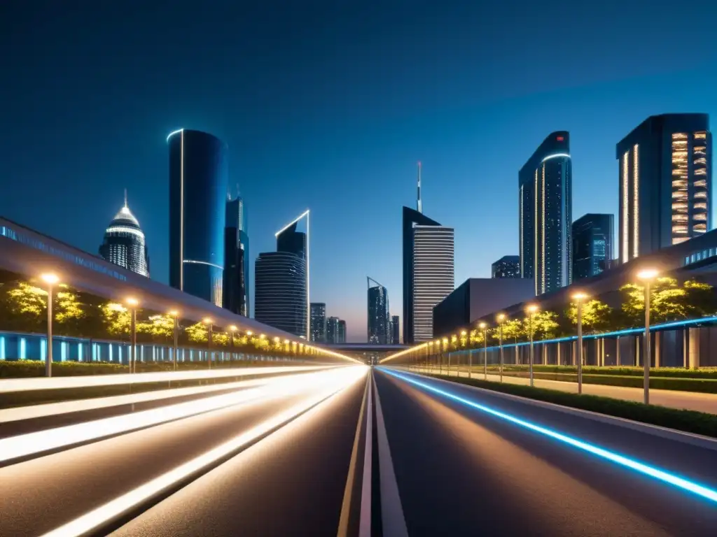 Vista nocturna de la ciudad con edificios modernos iluminados por farolas inteligentes 5G, preparando ciudades para emergencias 5G