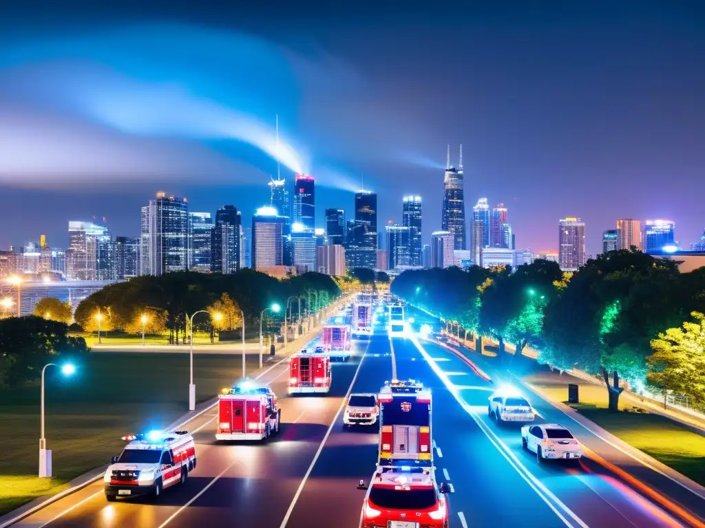 Vista nocturna de la ciudad con gestión de emergencias con 5G y vehículos de emergencia coordinando una crisis