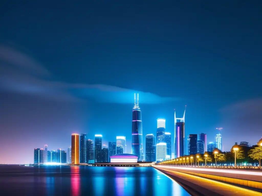 Vista nocturna de una ciudad futurista con rascacielos iluminados y un estilo moderno