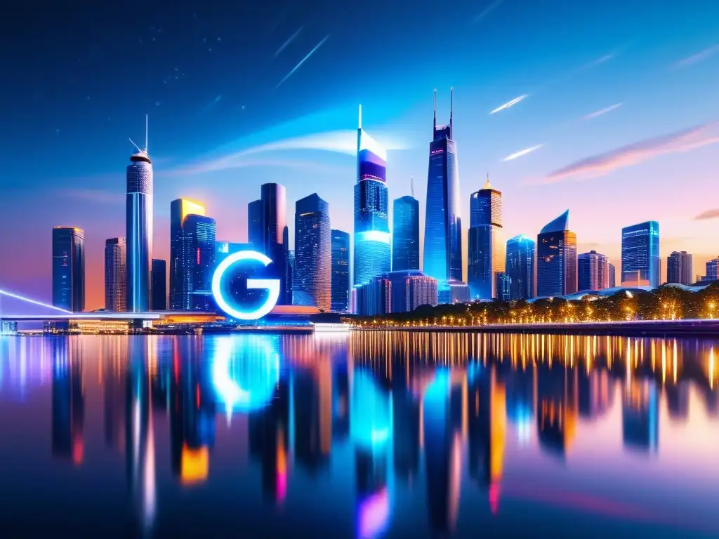 Metrópolis futurista nocturna en 8K con torres 5G Vista nocturna de una ciudad futurista en 8k, con rascacielos iluminados reflejándose en el agua