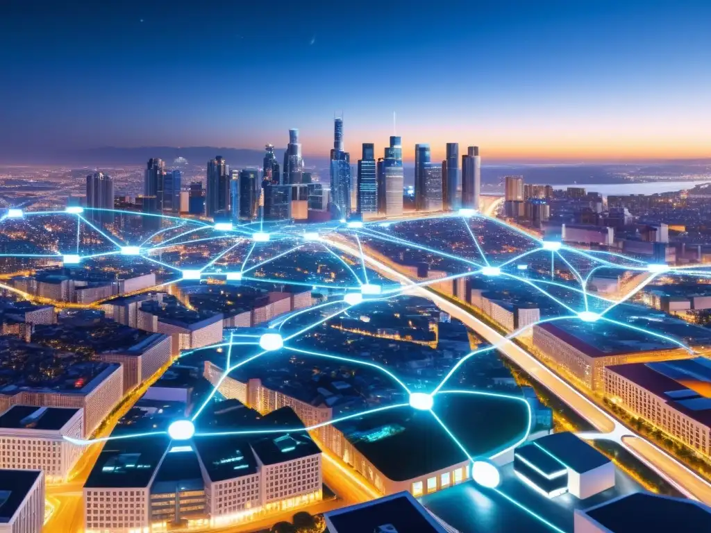 Vista nocturna de una ciudad futurista iluminada por datos y redes interconectadas