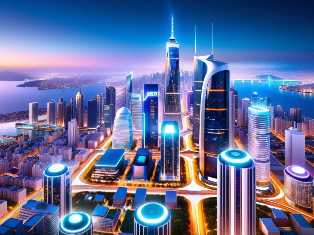 Vista nocturna de una ciudad futurista, con rascacielos iluminados y tecnología 5G conectando todo