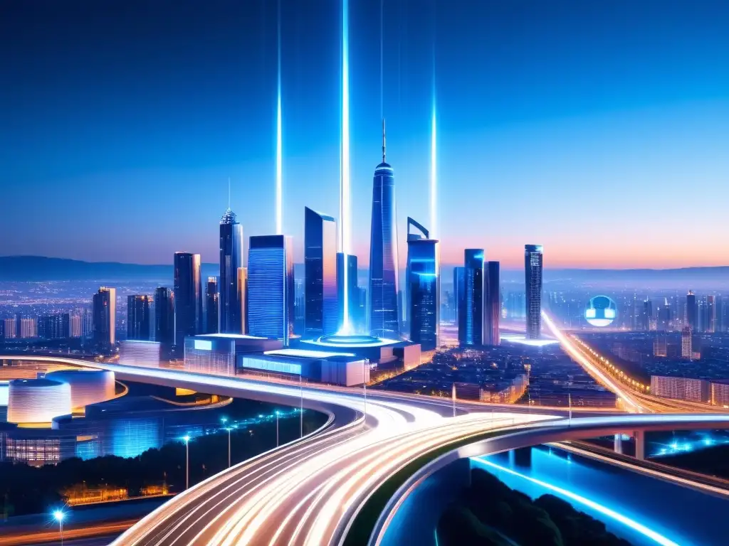 Metrópolis futurista: Torre 5G iluminando la noche Vista nocturna de ciudad futurista con torres 5G integradas, creando sinergia del 5G en IoT con diseño minimalista y tecnológico