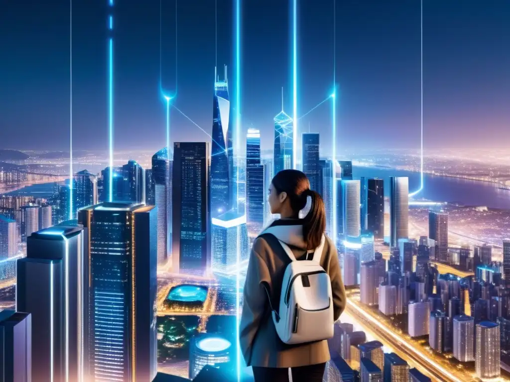 Vista nocturna de una ciudad futurista con rascacielos iluminados y conexiones de datos, representando la implementación de Edge Computing en una red 5G