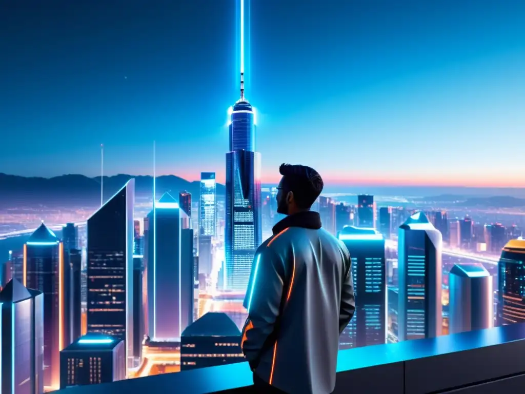 Vista nocturna de una ciudad futurista con señales de red 5G entre rascacielos, representa la publicidad en la Era del 5G