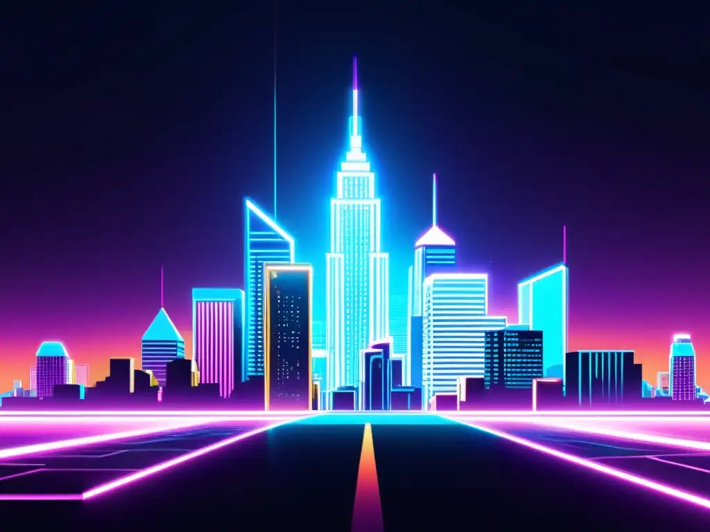 Vista nocturna de ciudad futurista con luces neón, representando la integración de blockchain en la industria de videojuegos