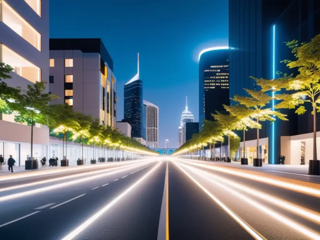 Vista nocturna de la ciudad con iluminación inteligente con tecnología 5G, reflejando eficiencia e innovación urbana