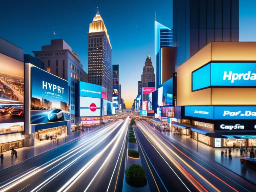 Vista nocturna de la ciudad con luces de autos y comercios iluminados, transmitiendo una atmósfera futurista y dinámica