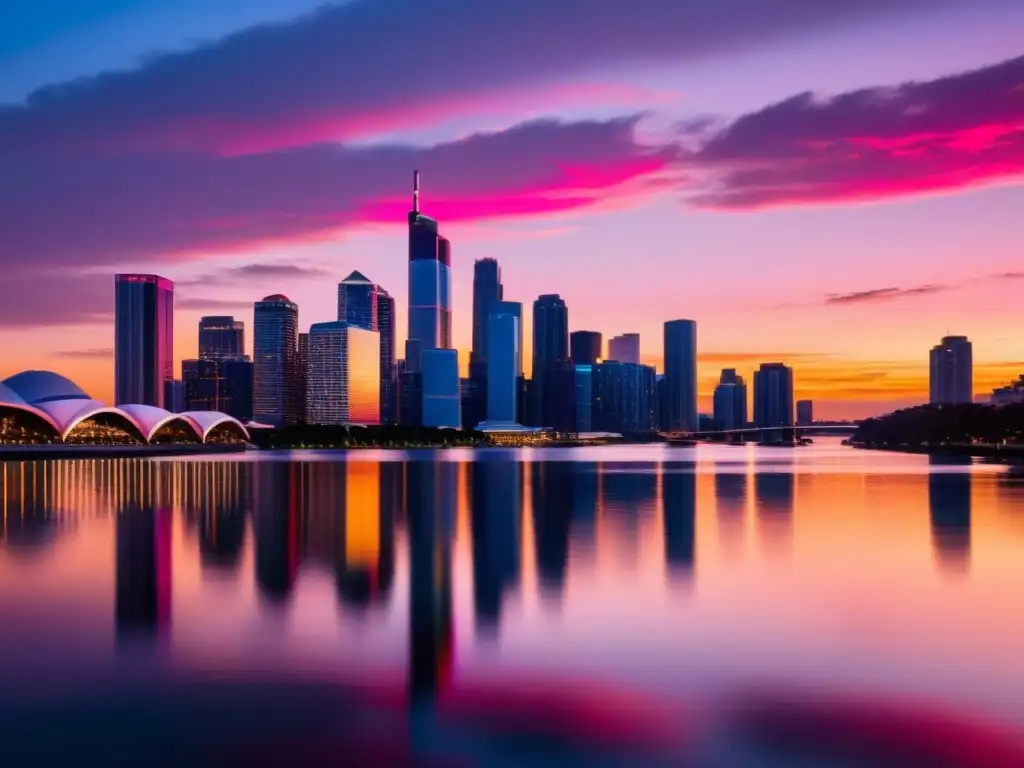 Vista nocturna de una ciudad moderna con rascacielos brillantes reflejados en el río