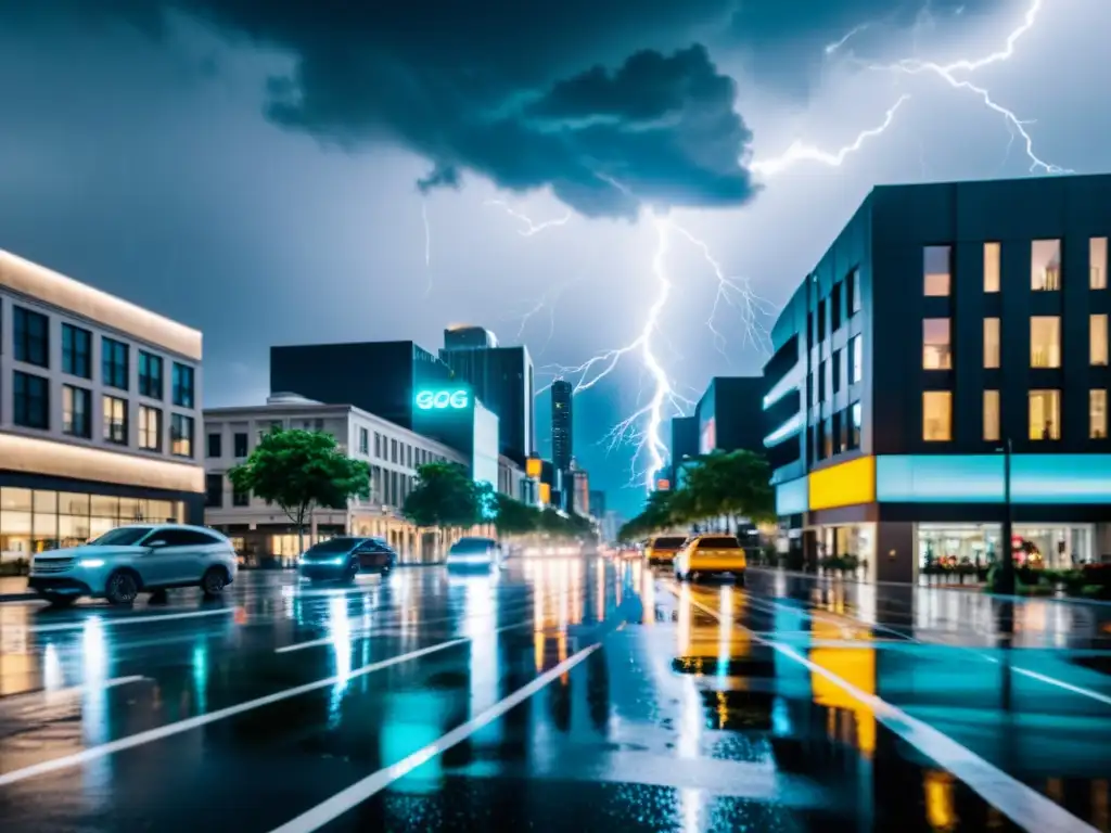 Vista nocturna de una ciudad moderna durante una tormenta, preparando ciudades para emergencias 5G