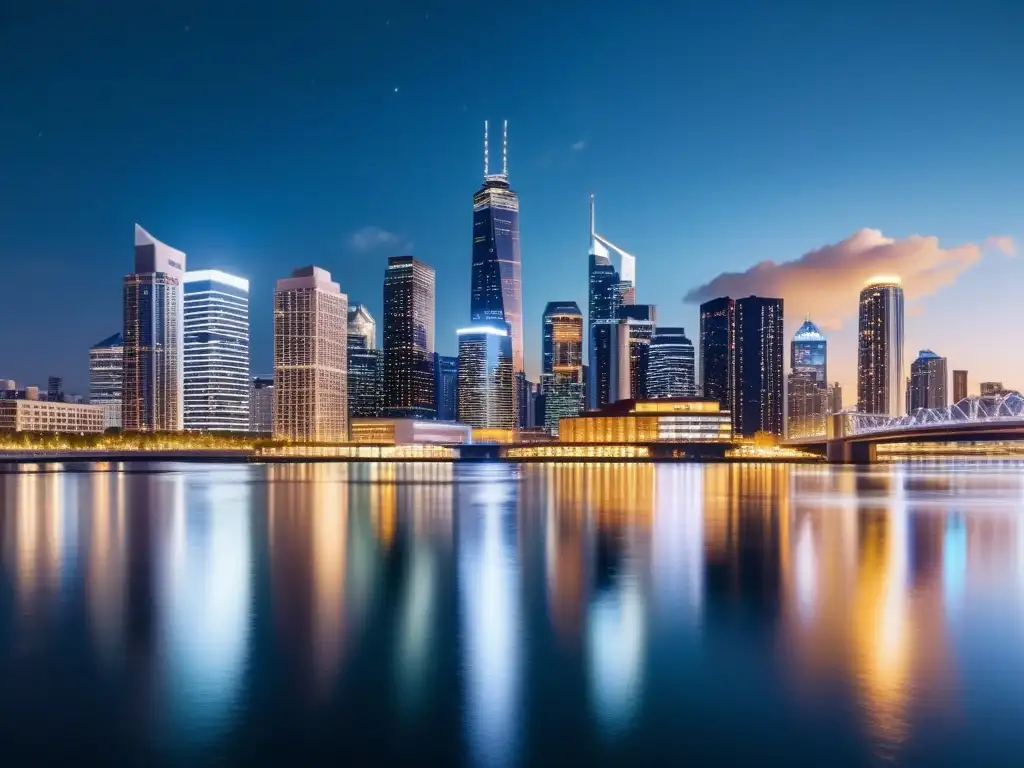 Vista nocturna de una ciudad moderna en 8k, reflejando la interconexión urbana y el impacto de la tecnología emergente en la economía