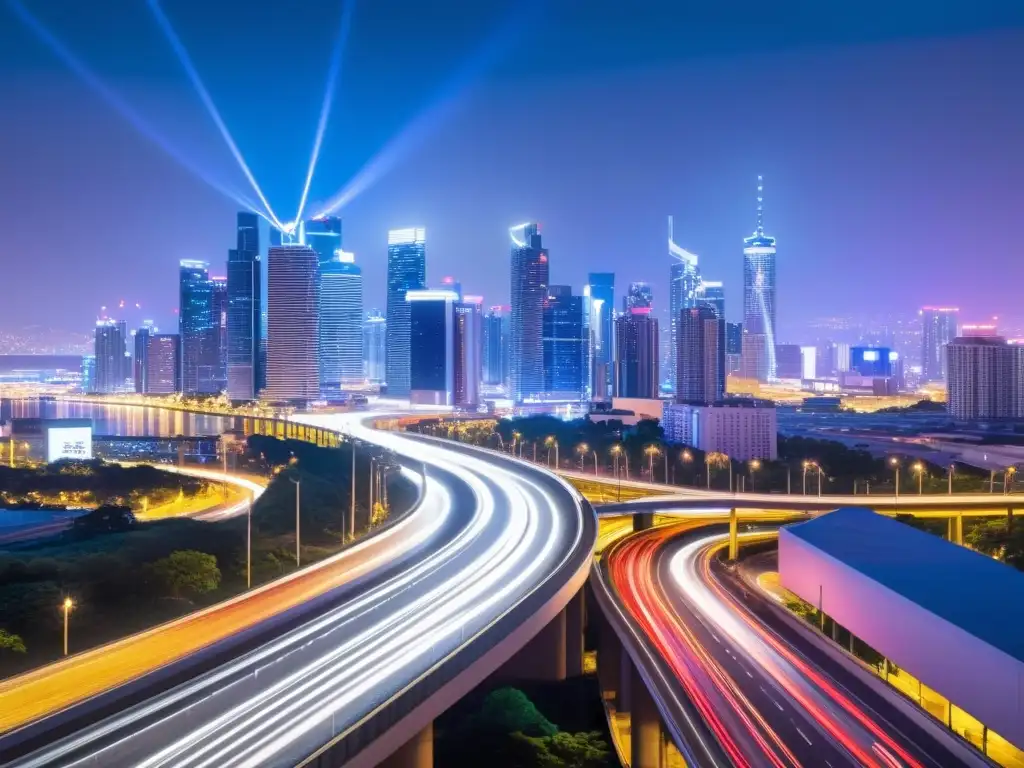 Vista nocturna de la ciudad con rascacielos iluminados por luces de neón, reflejando la integración del Big Data en Planificación Urbana