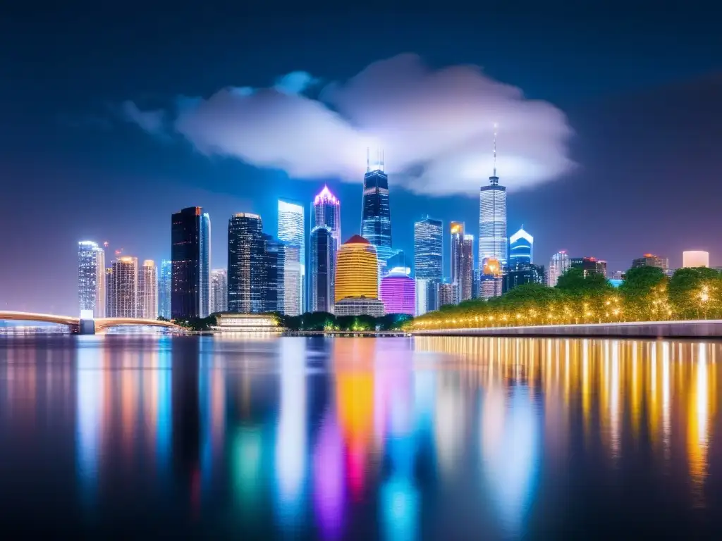 Vista nocturna de la ciudad con rascacielos iluminados y reflejados en el río, transmitiendo la sinergia del despliegue de 5G en entornos urbanos