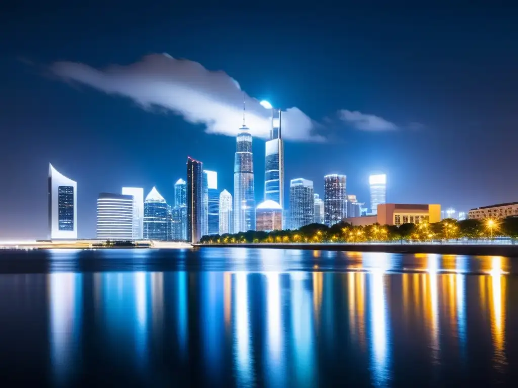 Vista nocturna de la ciudad con rascacielos modernos iluminados y reflejos en el río