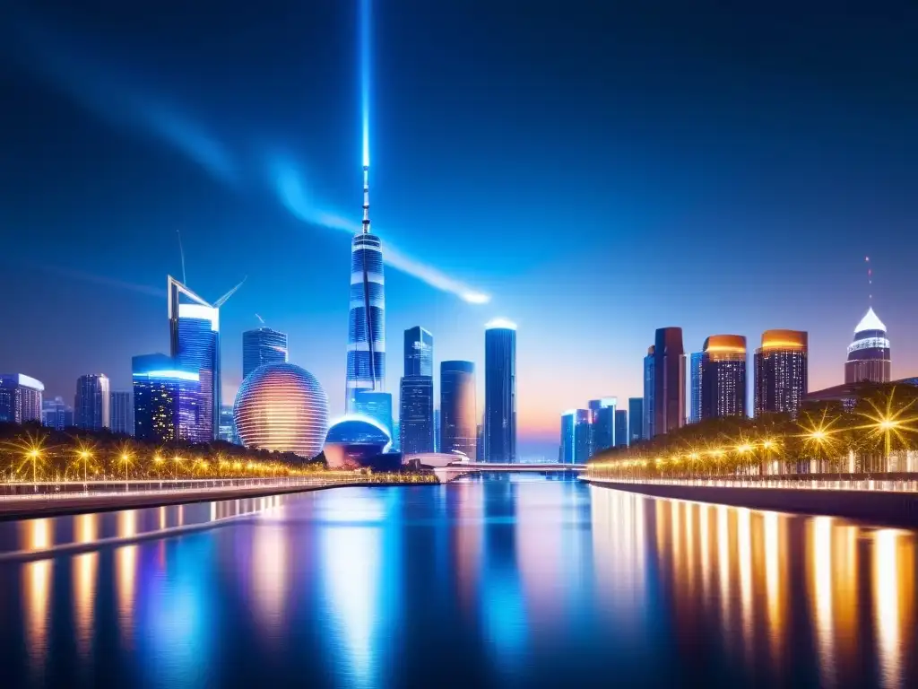 Vista nocturna de la ciudad con rascacielos iluminados reflejados en el río