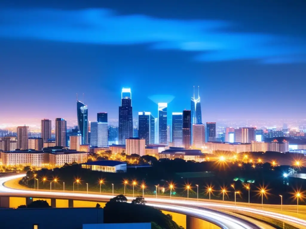 Vista nocturna de la ciudad con torres de señal 5G iluminadas, simbolizando el alcance y penetración de señal 5G en entornos urbanos