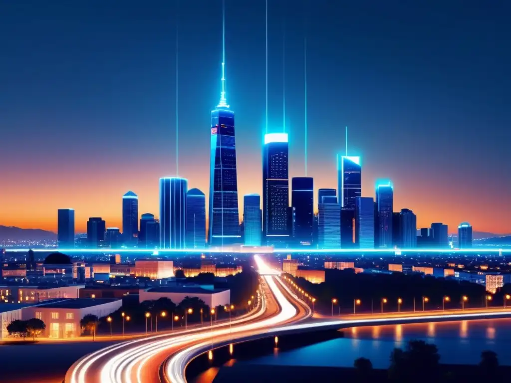 Cityscape nocturno: sinergia 5G e IoT en la metrópolis Vista nocturna de la ciudad con torres de red 5G brillantes, dispositivos IoT integrados sutilmente, mostrando la sinergia del 5G en IoT