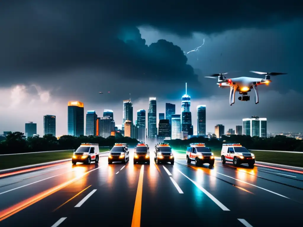 Vista nocturna de la ciudad con vehículos de emergencia y drones en acción