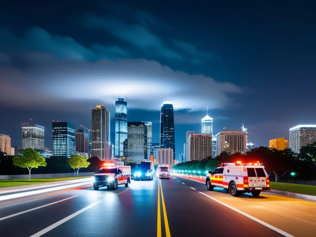 Vista nocturna de la ciudad con vehículos de emergencia y personal, destacando el uso de 5G en gestión de emergencias