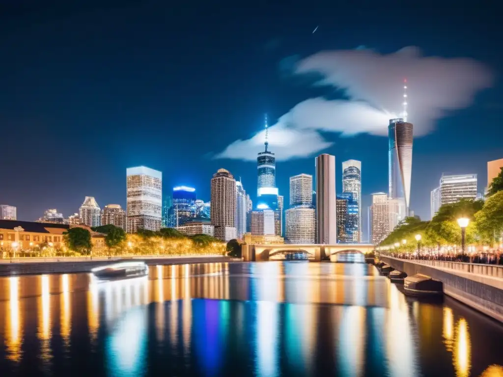 Vista nocturna de una ciudad vibrante con rascacielos iluminados reflejados en el río, mostrando el impacto del big data en ciudades inteligentes