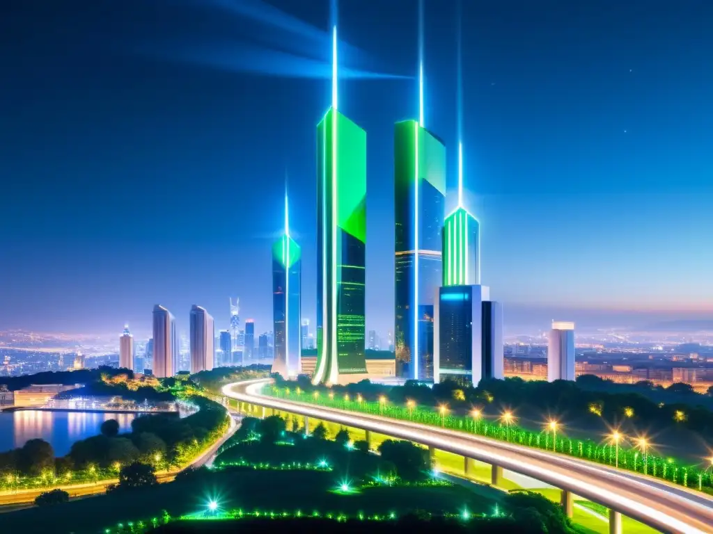 Horizonte futurista: Torres 5G iluminadas en la noche Vista nocturna futurista de una ciudad con torres 5G iluminadas, reflejando el impacto del 5G en redes sociales