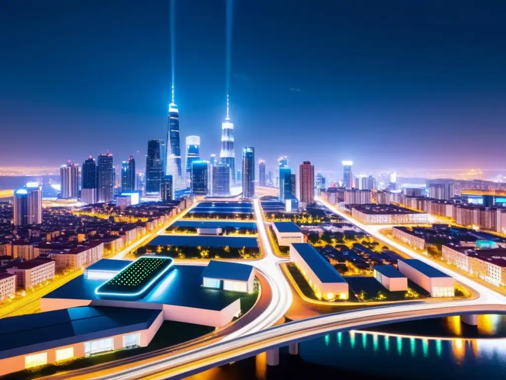 Metrópolis futurista: 5G e IoT integran la ciudad Vista nocturna futurista de una ciudad con dispositivos IoT 5G integrados