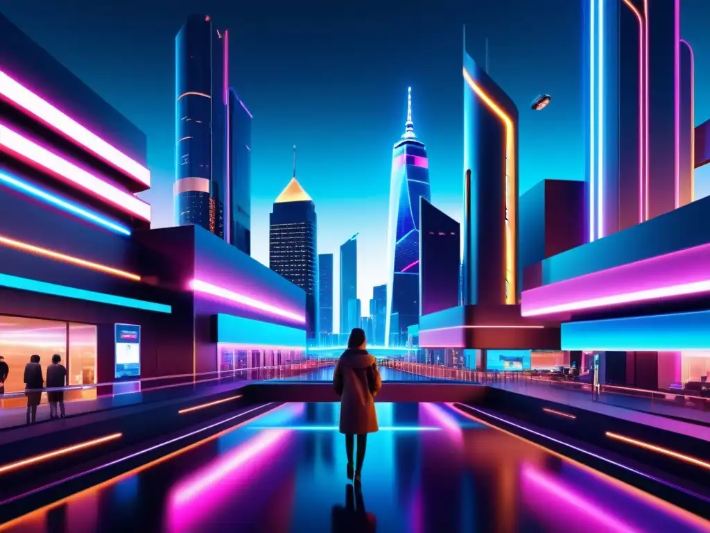 Vista nocturna futurista de una ciudad conectada por IoT y 5G, con beneficios Internet de las Cosas 5G