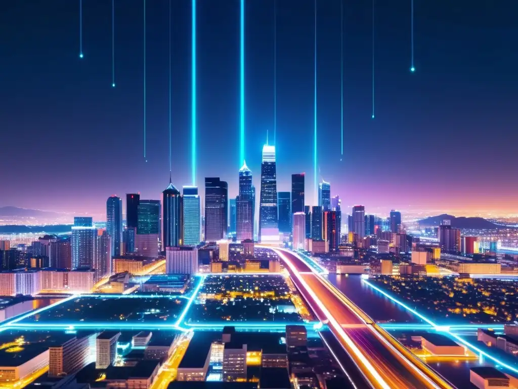 Vista nocturna futurista de una ciudad con rascacielos iluminados por luces de neón inspiradas en datos, rodeada de una red de conexiones brillantes, simbolizando la integración del Big Data en Gestión Pública