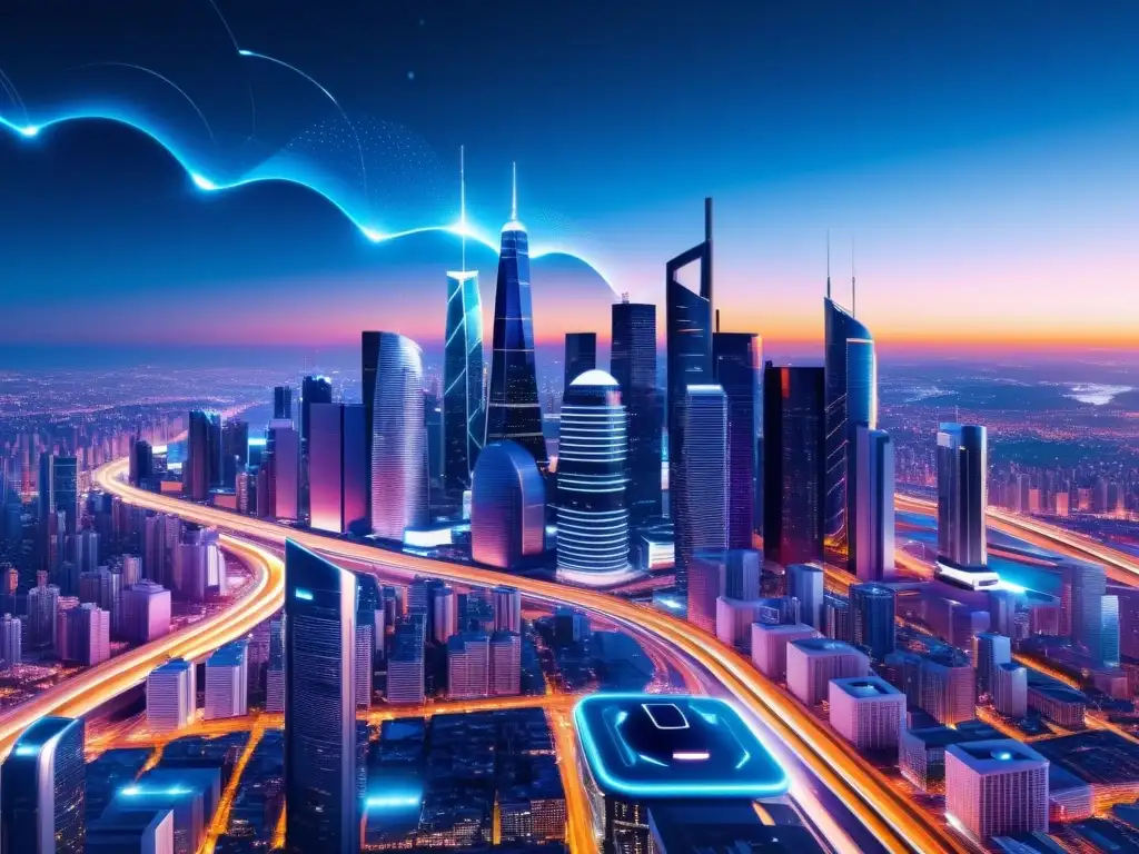 Vista nocturna futurista de una ciudad iluminada con tecnología 5G, destacando los beneficios de la transición 4G a 5G